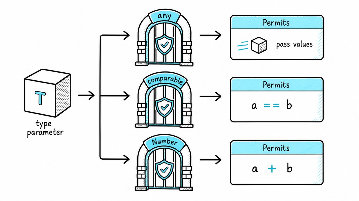 A Go type parameter enters any, comparable, or a custom Number constraint, with each constraint unlocking a different safe operation.