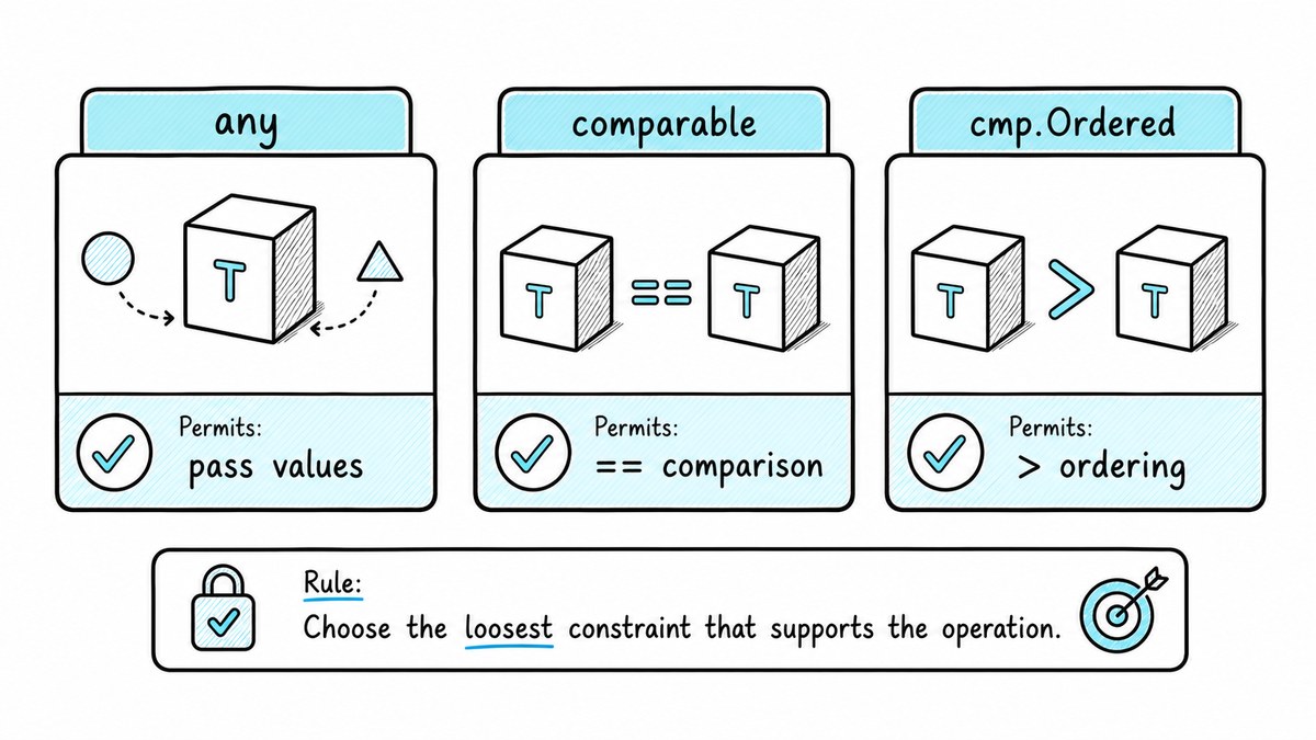 A comparison of Go generic constraints: any passes values through, comparable enables equality, and cmp.Ordered enables ordering.