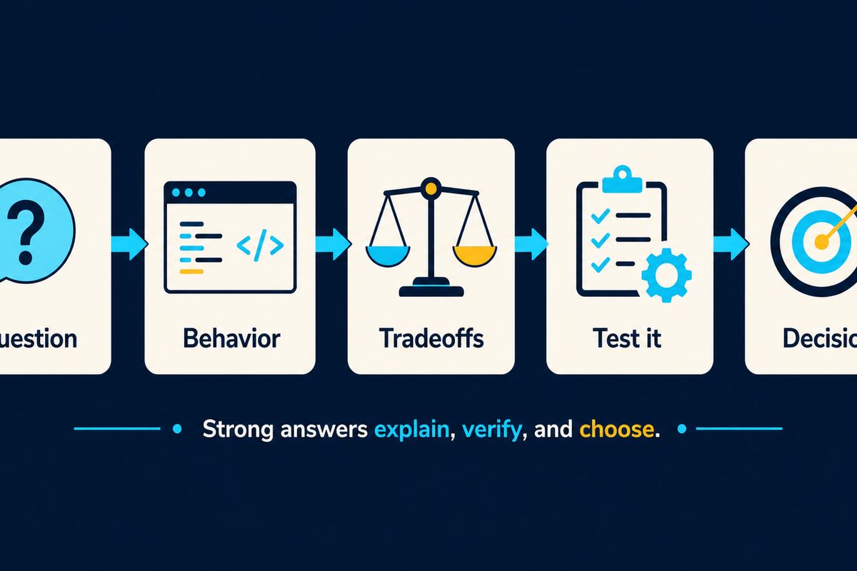 Workflow showing how a strong Go interview answer moves from a question through behavior, tradeoffs, testing, and a final decision