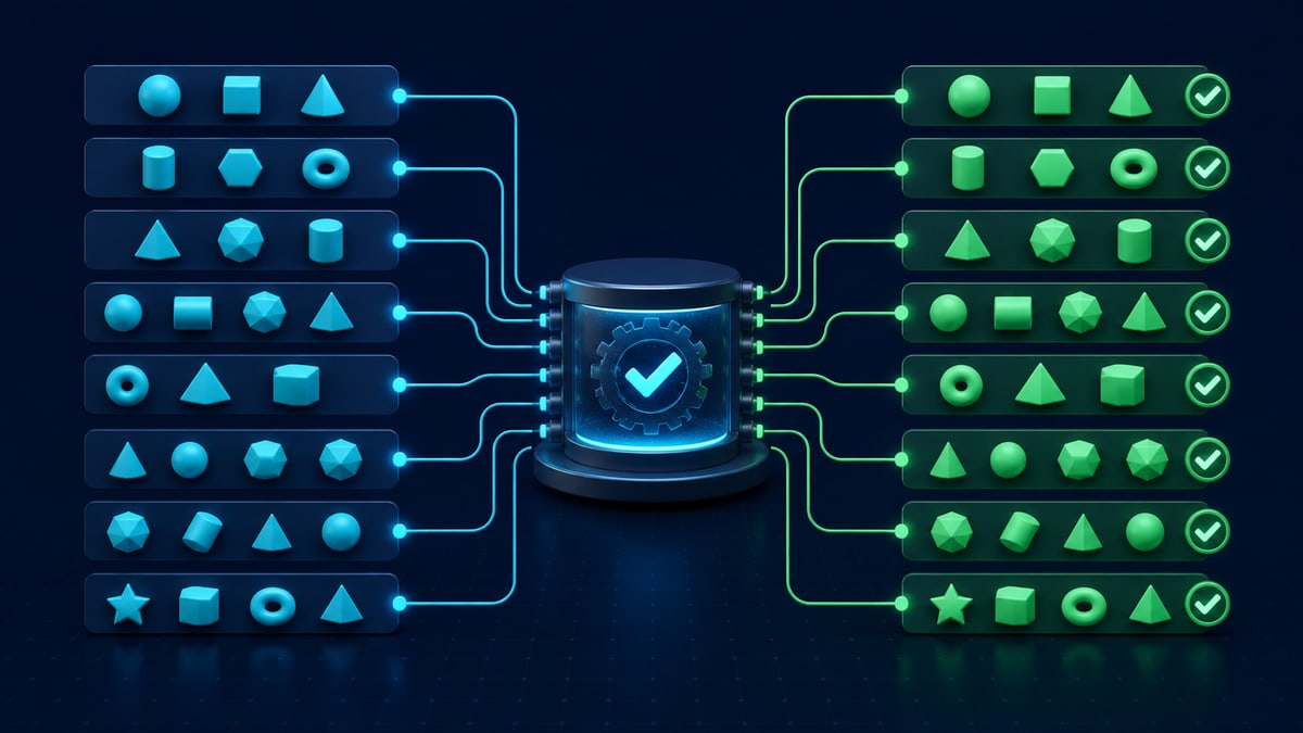 Rows of varied test cases flowing through one reusable runner and producing validated results
