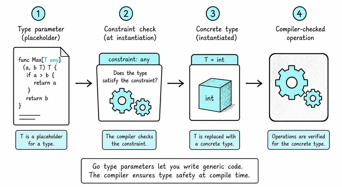 Go type parameters flow from a placeholder through constraint checking to a concrete type and compiler-checked operation.