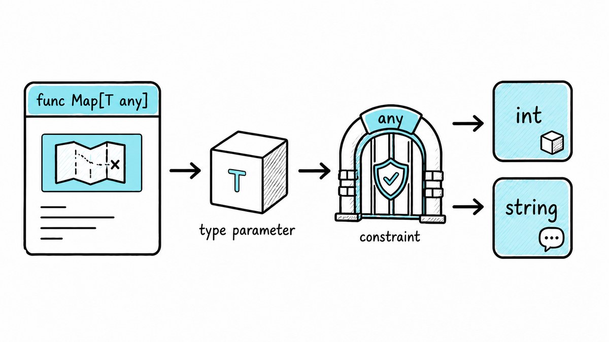 A Go function with a type parameter passes through a constraint and produces int or string implementations.