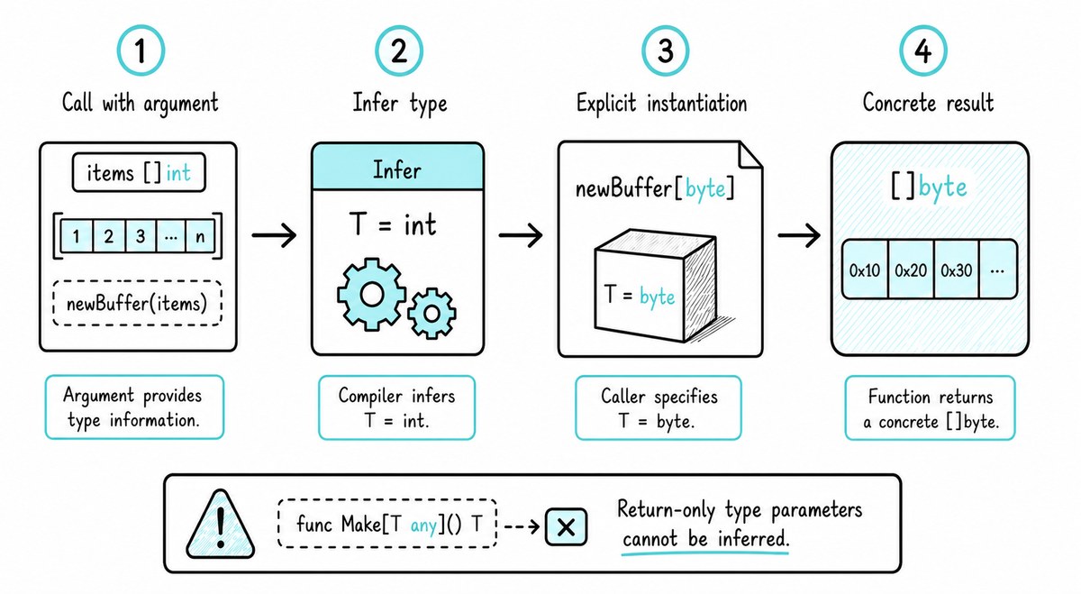 Go type inference and instantiation flow from an int slice to an inferred type and then an explicitly instantiated byte buffer.