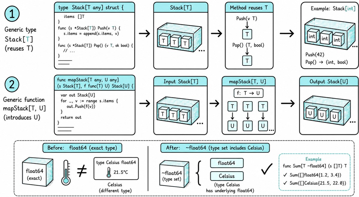 A comparison showing generic methods reusing a receiver type parameter while a package-level function can introduce a second type parameter, alongside the effect of tilde constraints on named types.